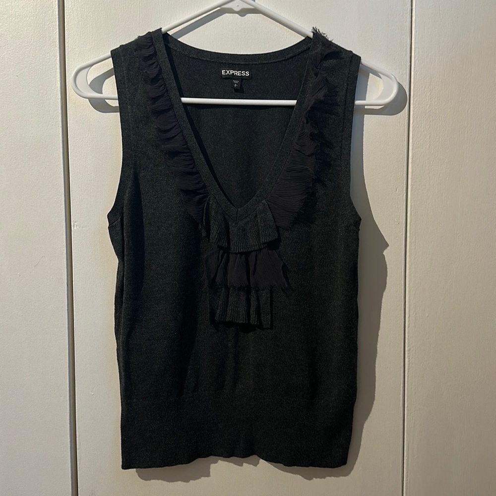 Express dark gray Light-weight V-neck Sweater Vest Chiffon Ruffle